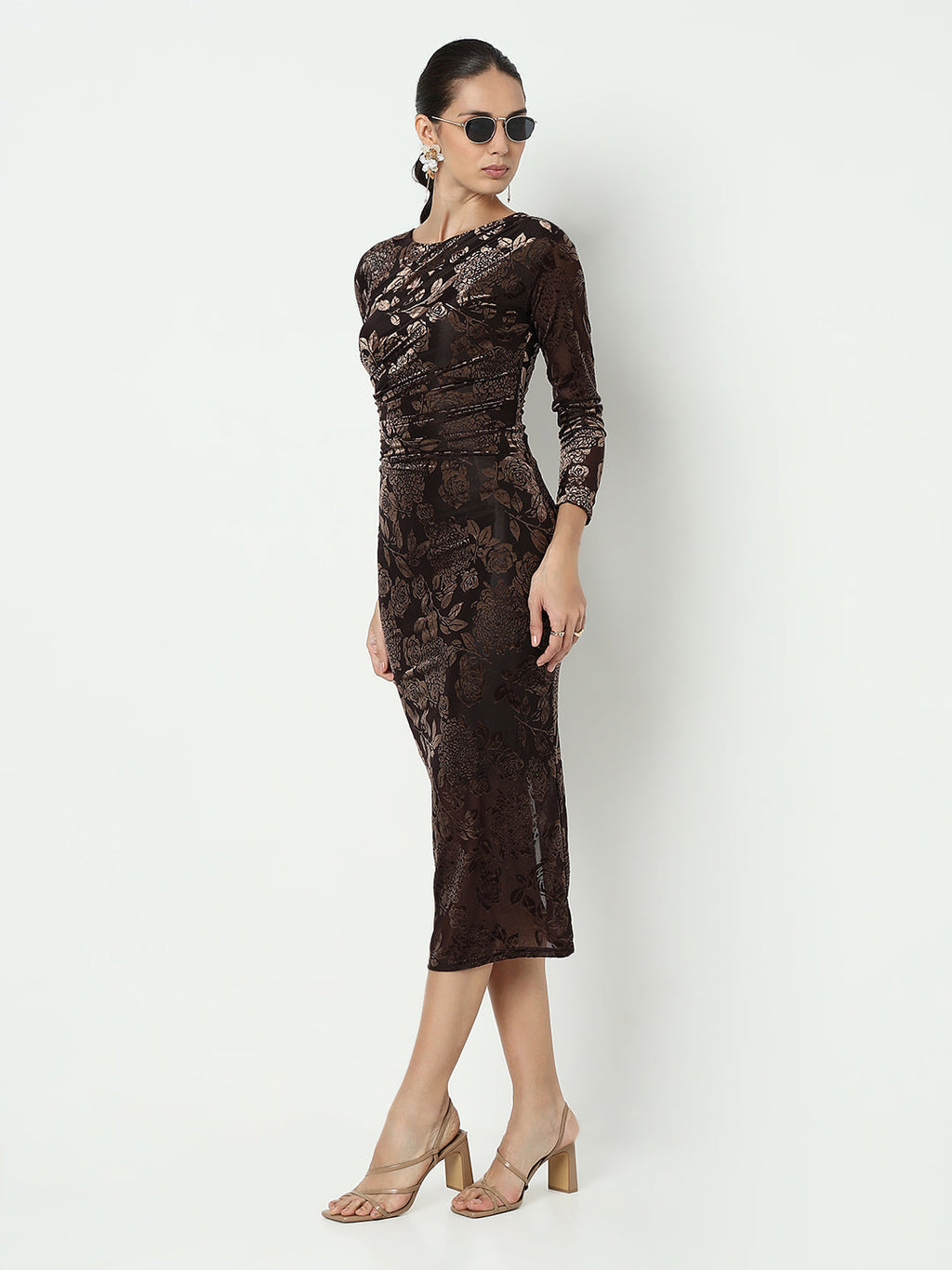 Women's Floral Brown Velvet Bodycon Maxi Dress with Back Slit