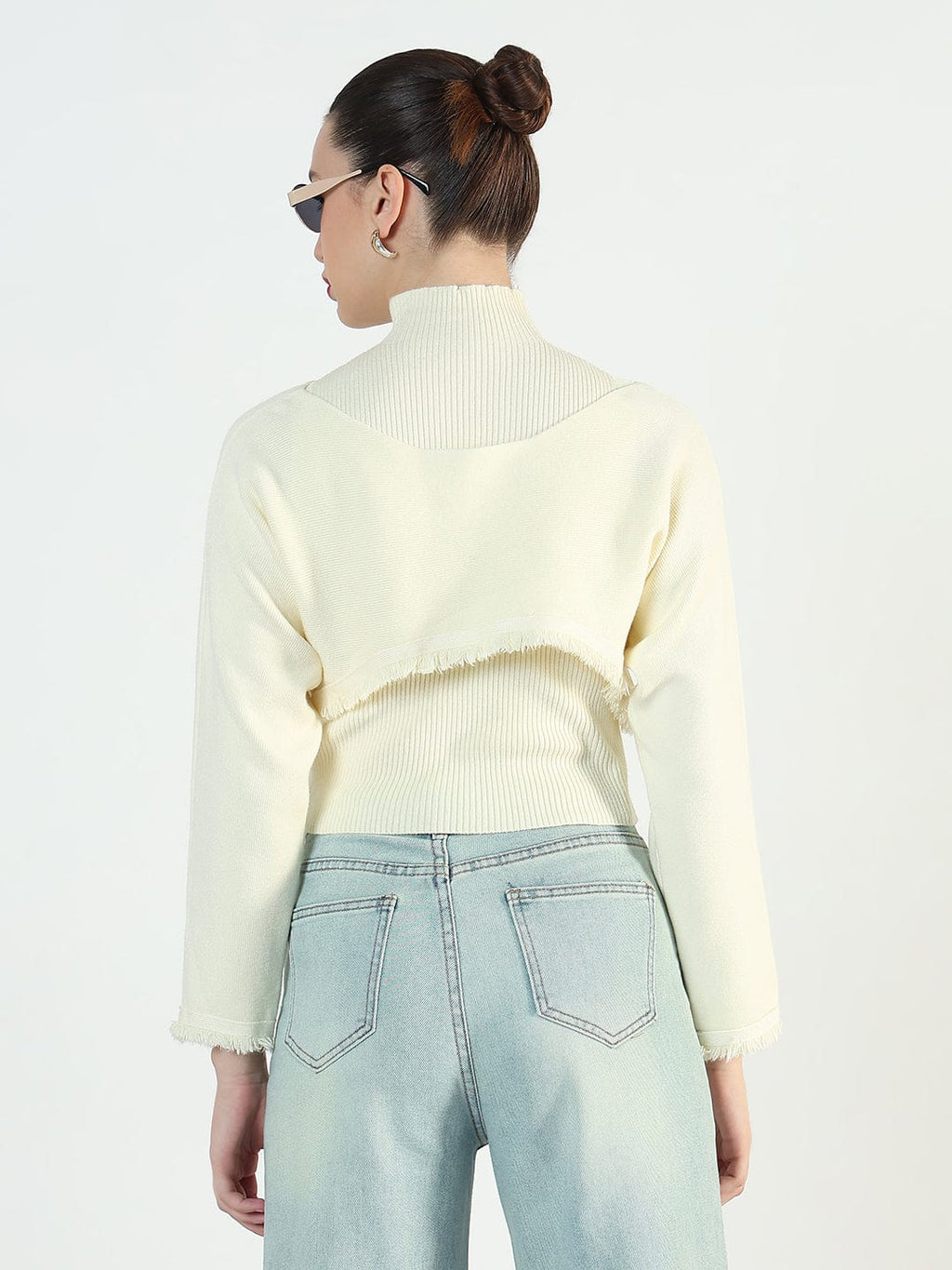 Women's Ribbed Cream Top with Frayed Cropped Sweater