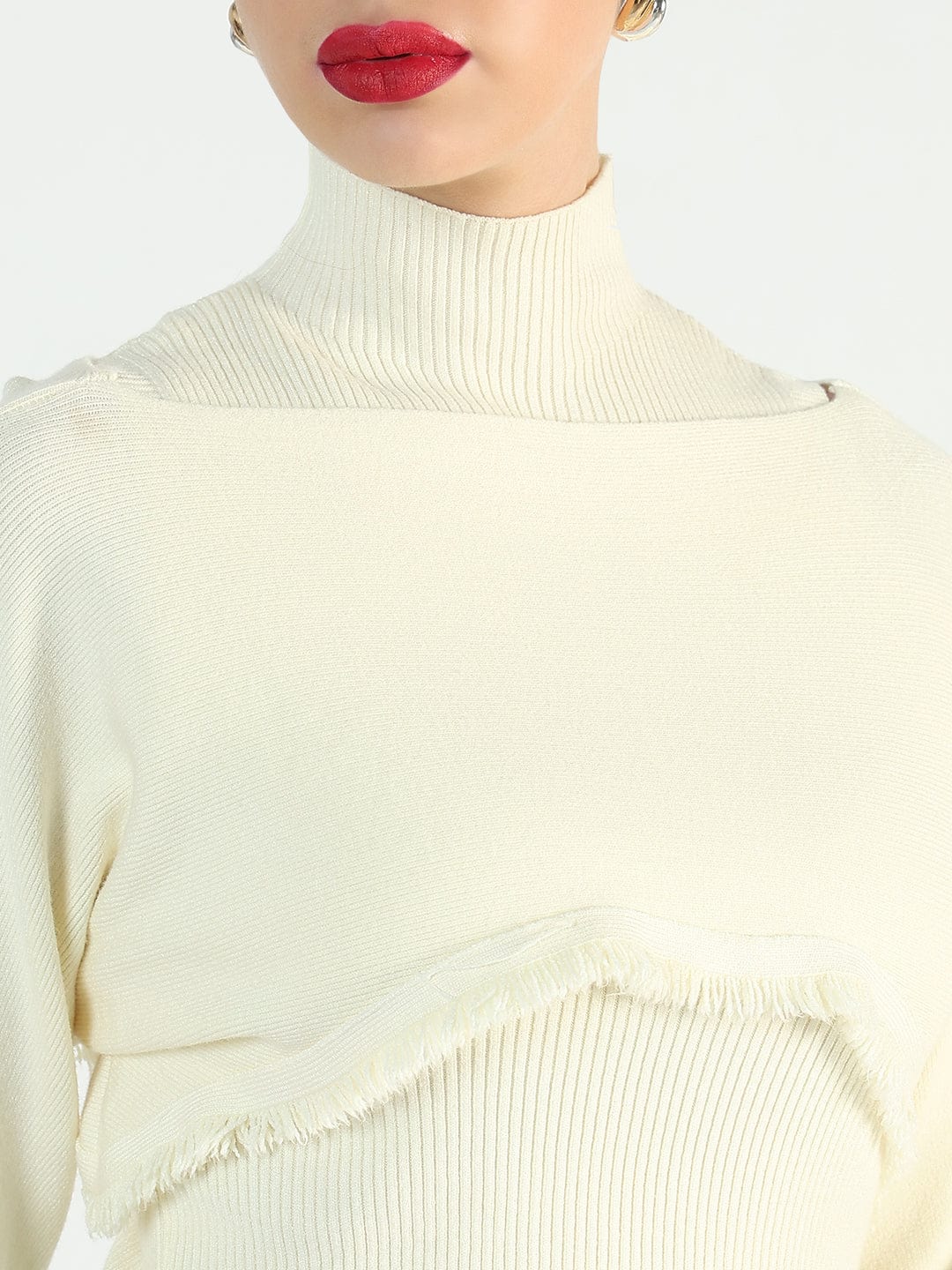 Women's Ribbed Cream Top with Frayed Cropped Sweater