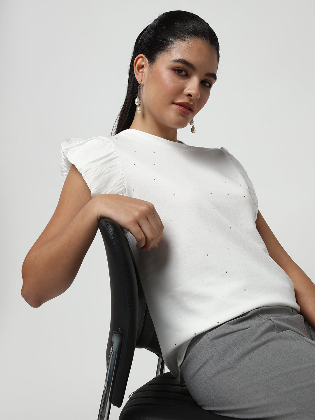 Women's White Embellished Flutter Sleeves Studded Top