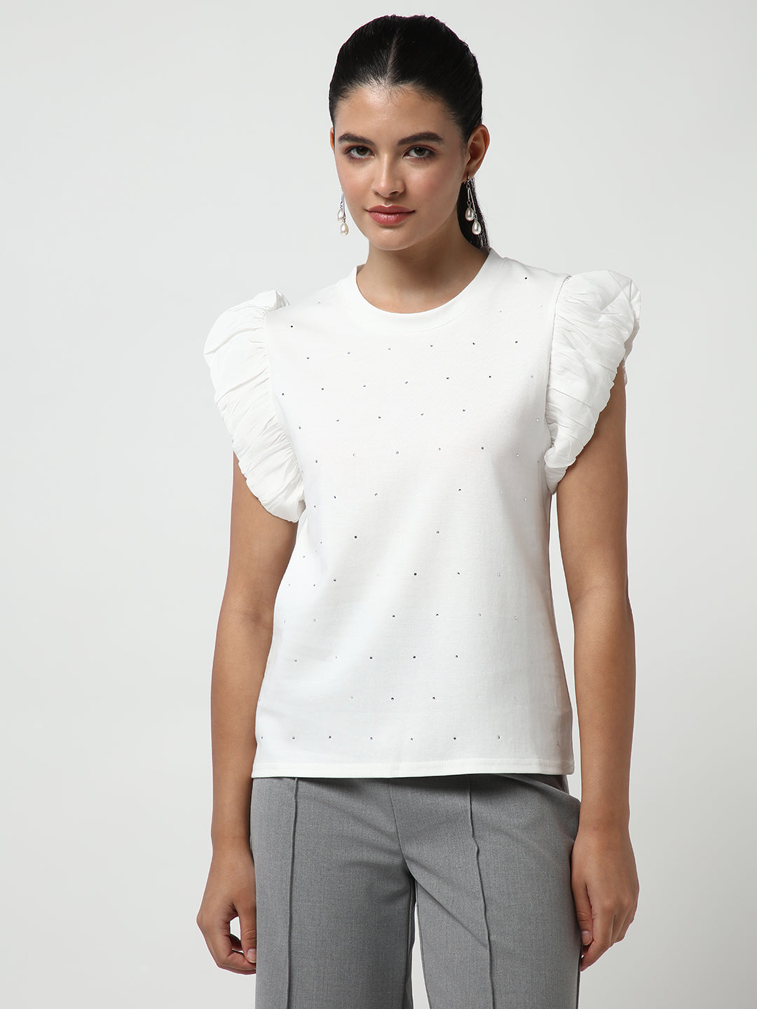 Women's White Embellished Flutter Sleeves Studded Top