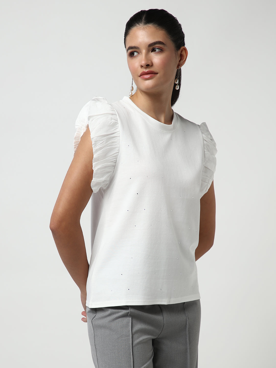 Women's White Embellished Flutter Sleeves Studded Top