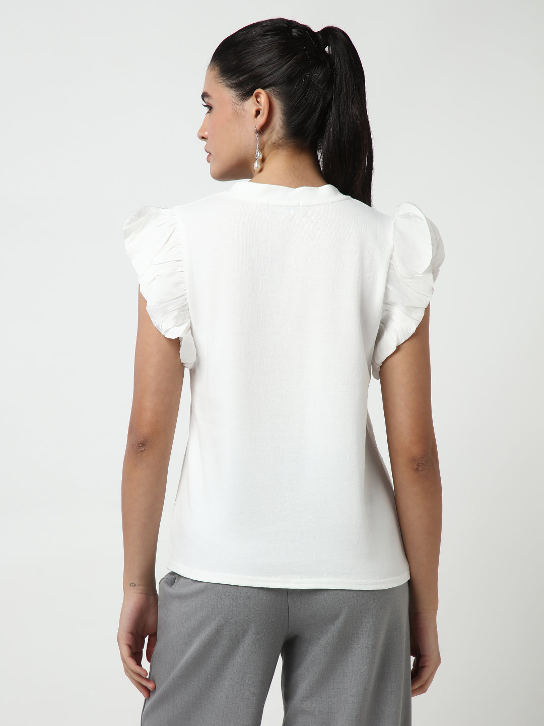 Women's White Embellished Flutter Sleeves Studded Top