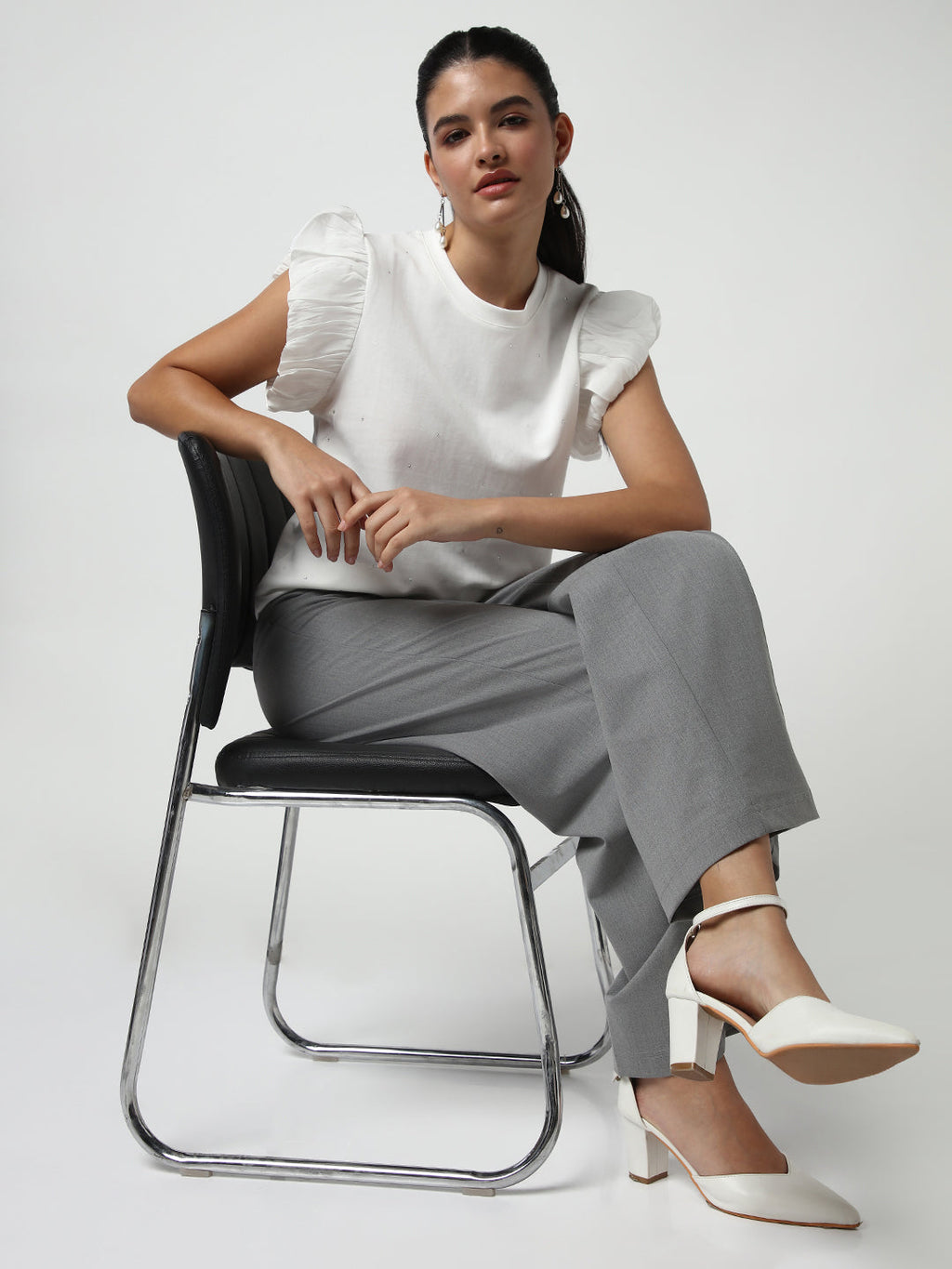 Women's White Embellished Flutter Sleeves Studded Top