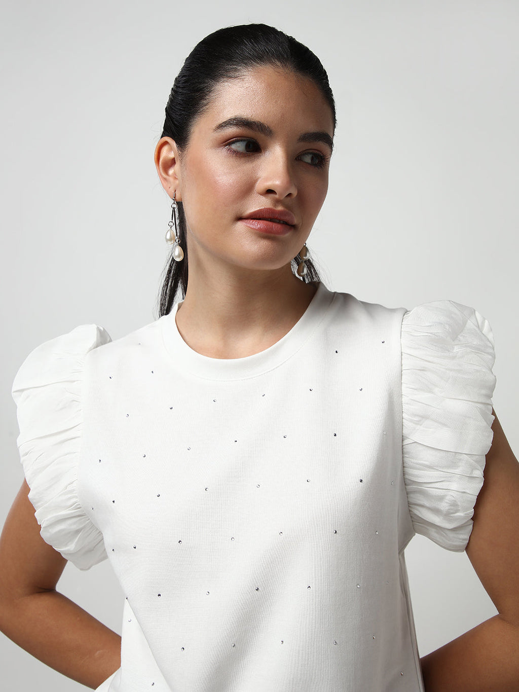 Women's White Embellished Flutter Sleeves Studded Top