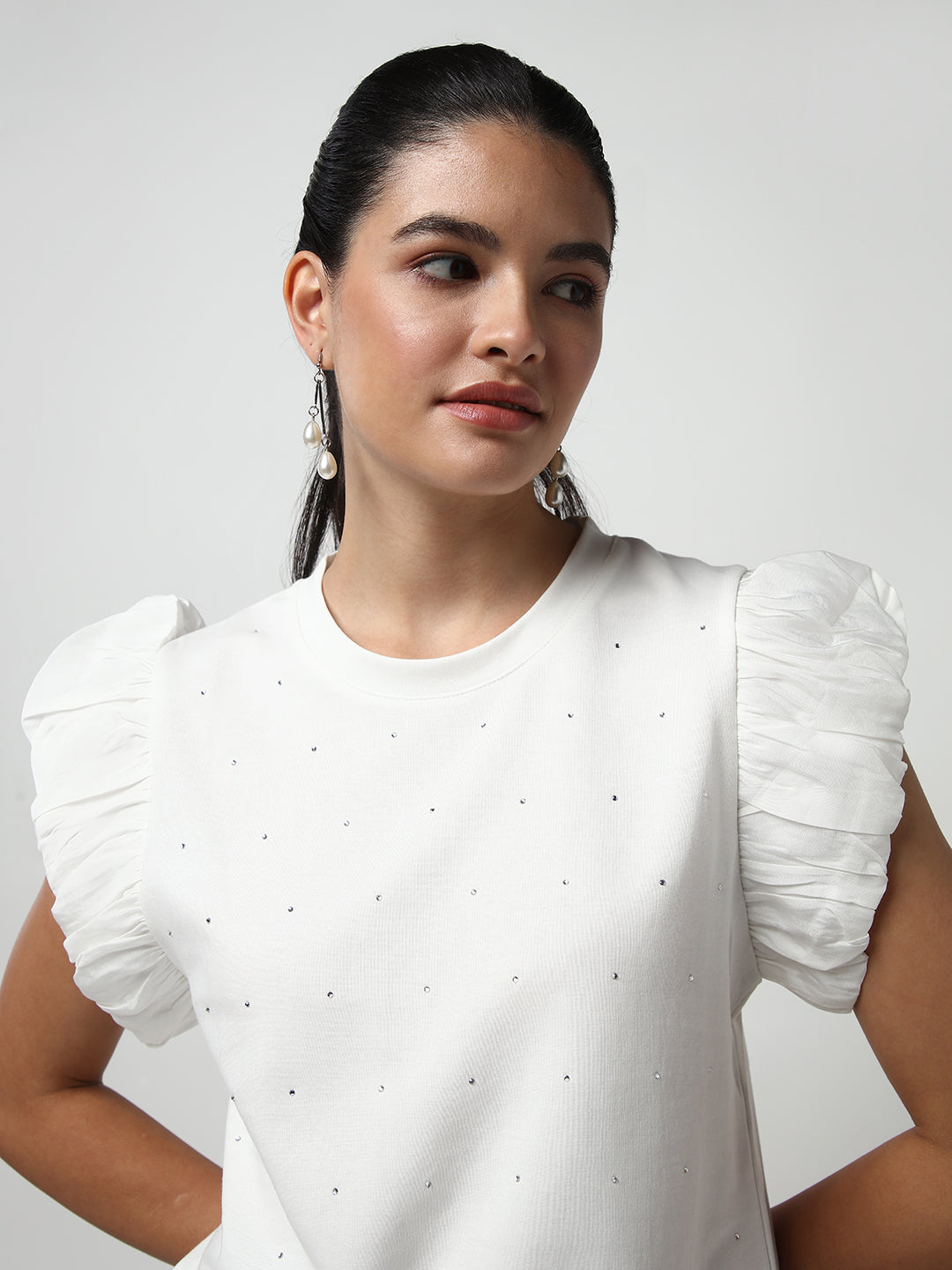 Women's White Embellished Flutter Sleeves Studded Top