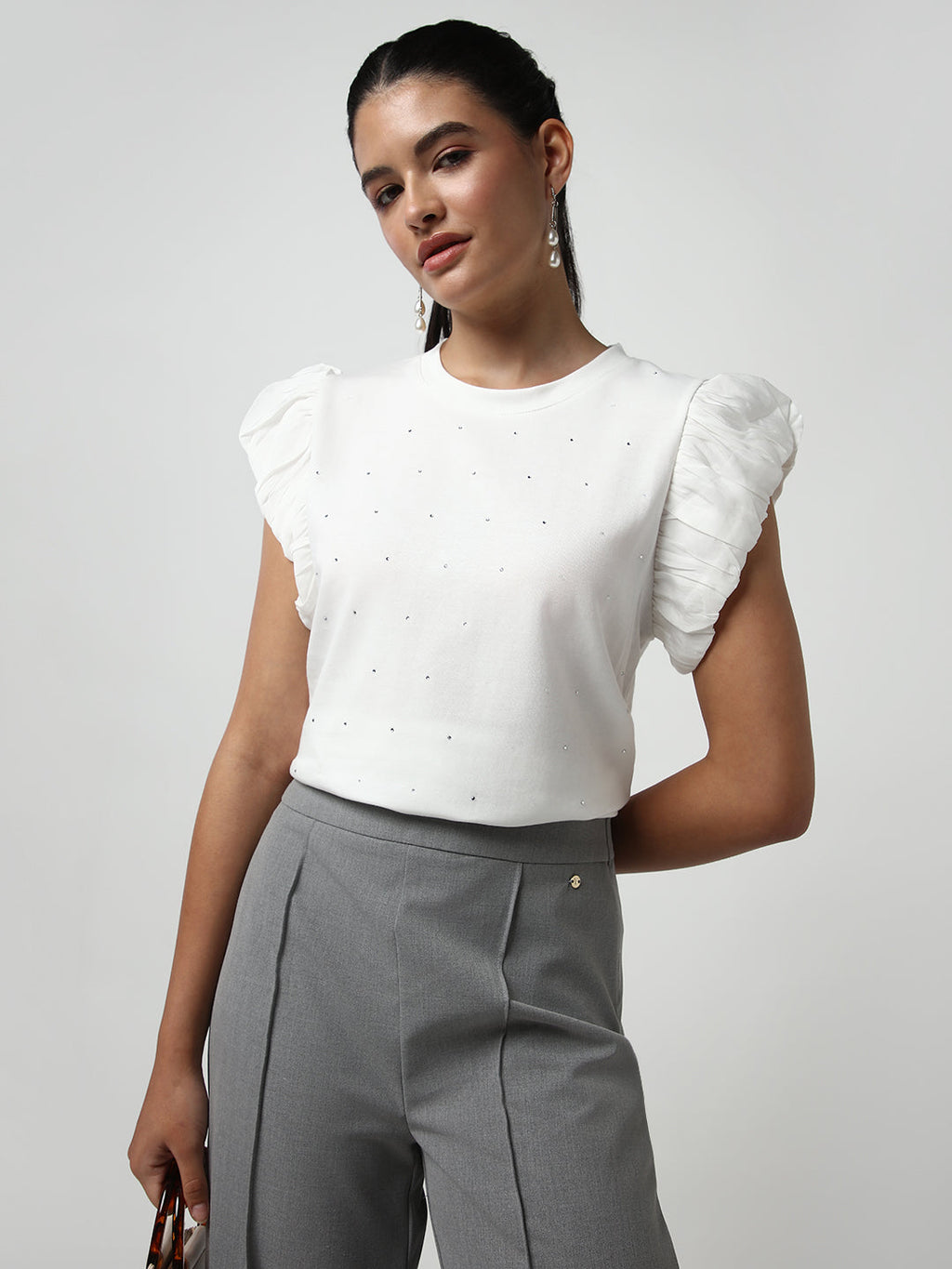 Women's White Embellished Flutter Sleeves Studded Top