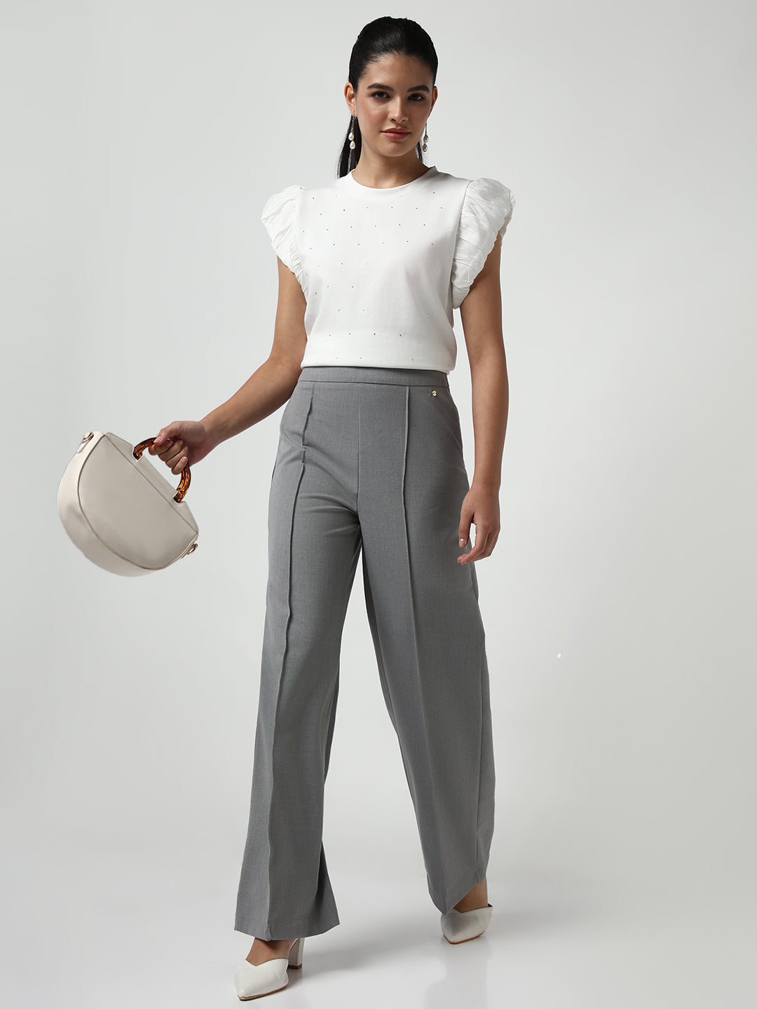 Women's White Embellished Flutter Sleeves Studded Top