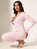 Women's Ribbed Pink Long Sleeve Bodycon Midi Dress