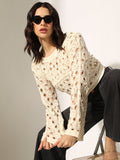 Women's Cream Crochet Long Sleeve Top