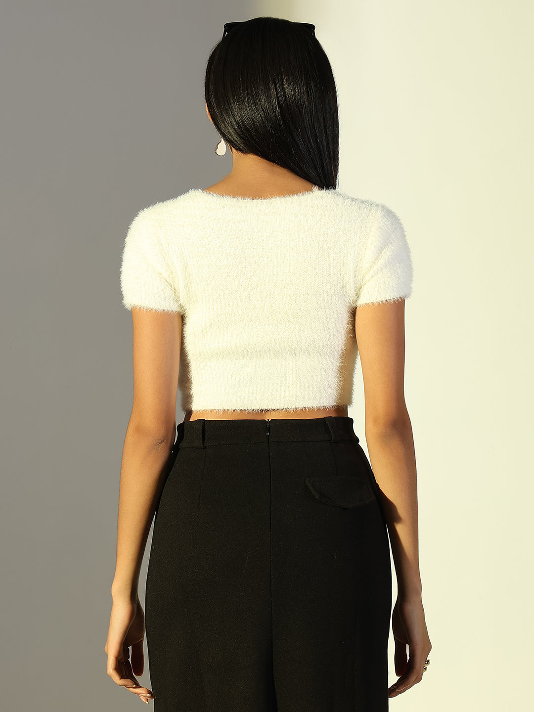 Women's Off White Self Design Faux Fur Trim Crop Top