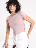 Women's Peach Fitted Crop Top with Side Ruched Detail