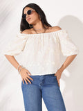 Women's Cream Floral Embroidered Off-Shoulder Puff Sleeve Bardot Top