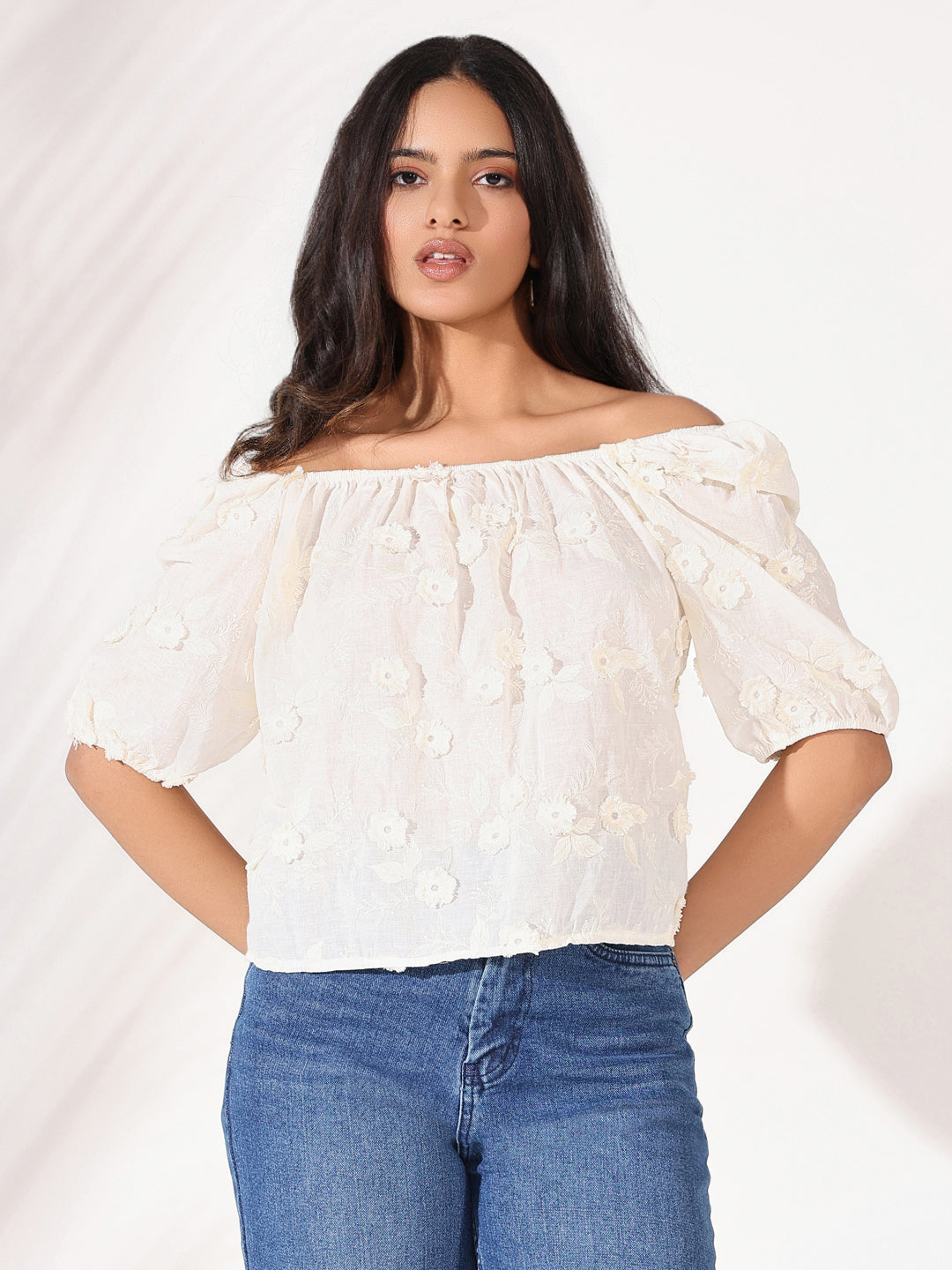 Women's Cream Floral Embroidered Off-Shoulder Puff Sleeve Bardot Top
