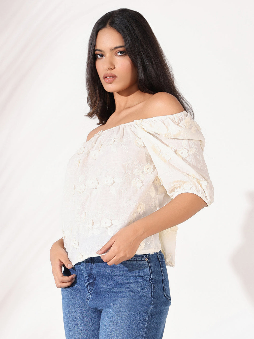 Women's Cream Floral Embroidered Off-Shoulder Puff Sleeve Bardot Top