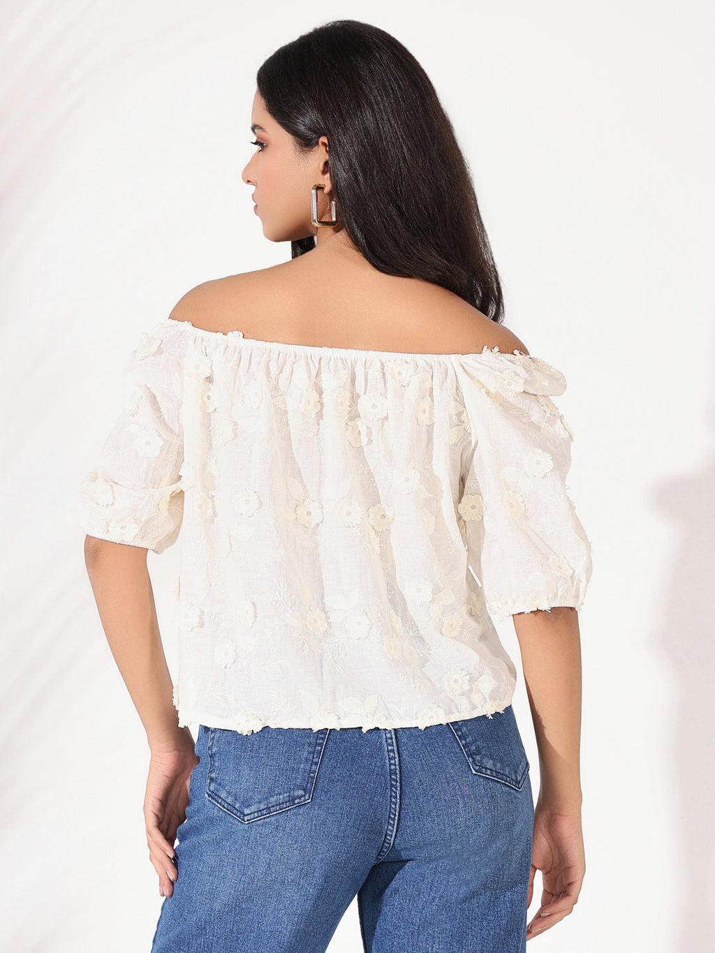 Women's Cream Floral Embroidered Off-Shoulder Puff Sleeve Bardot Top
