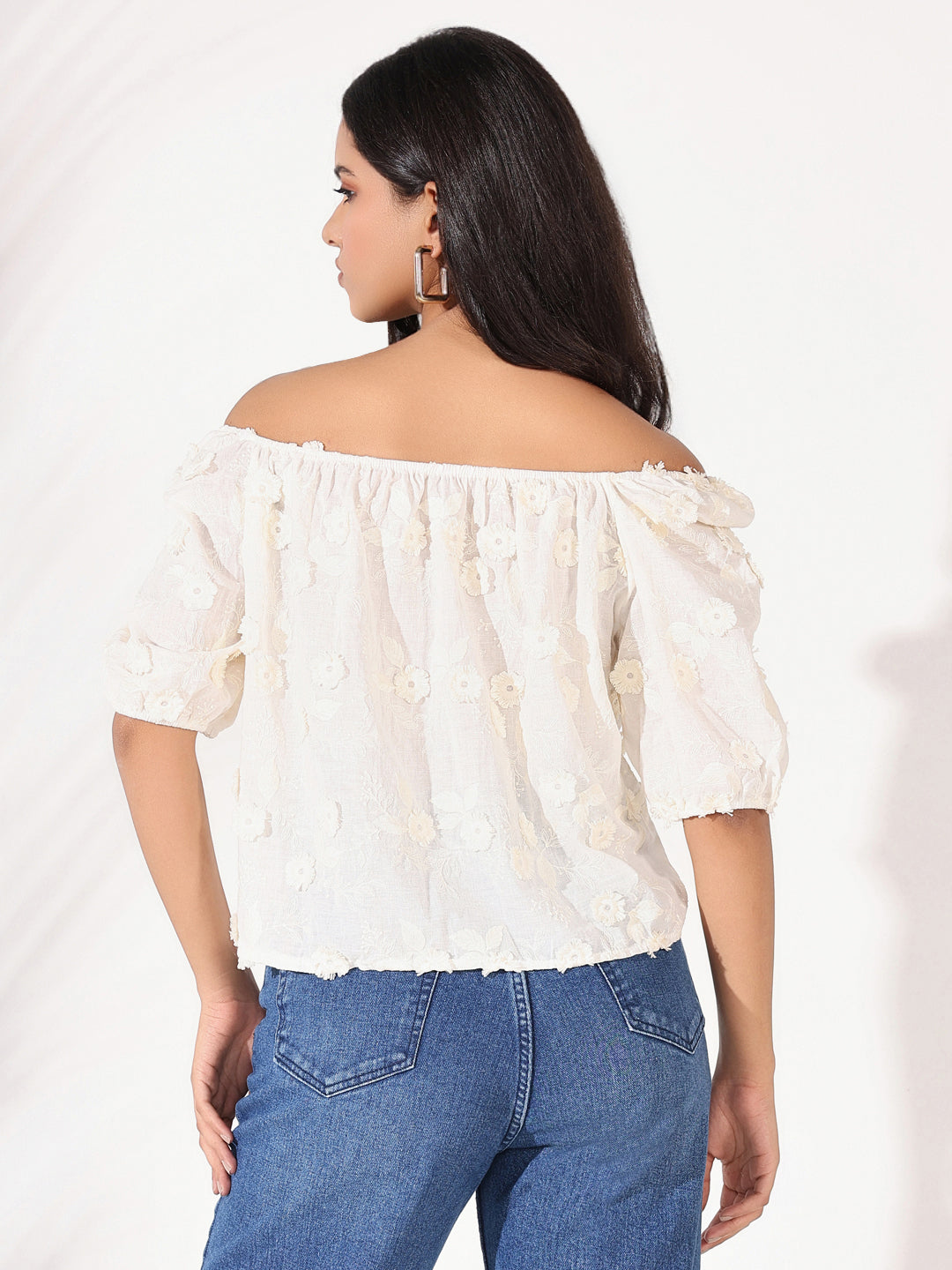 Women's Cream Floral Embroidered Off-Shoulder Puff Sleeve Bardot Top