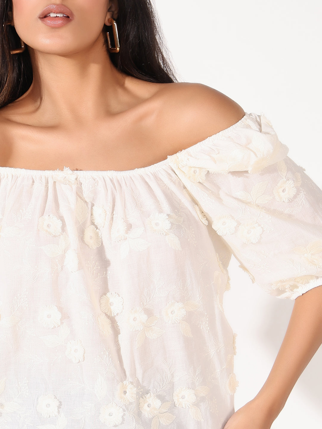 Women's Cream Floral Embroidered Off-Shoulder Puff Sleeve Bardot Top