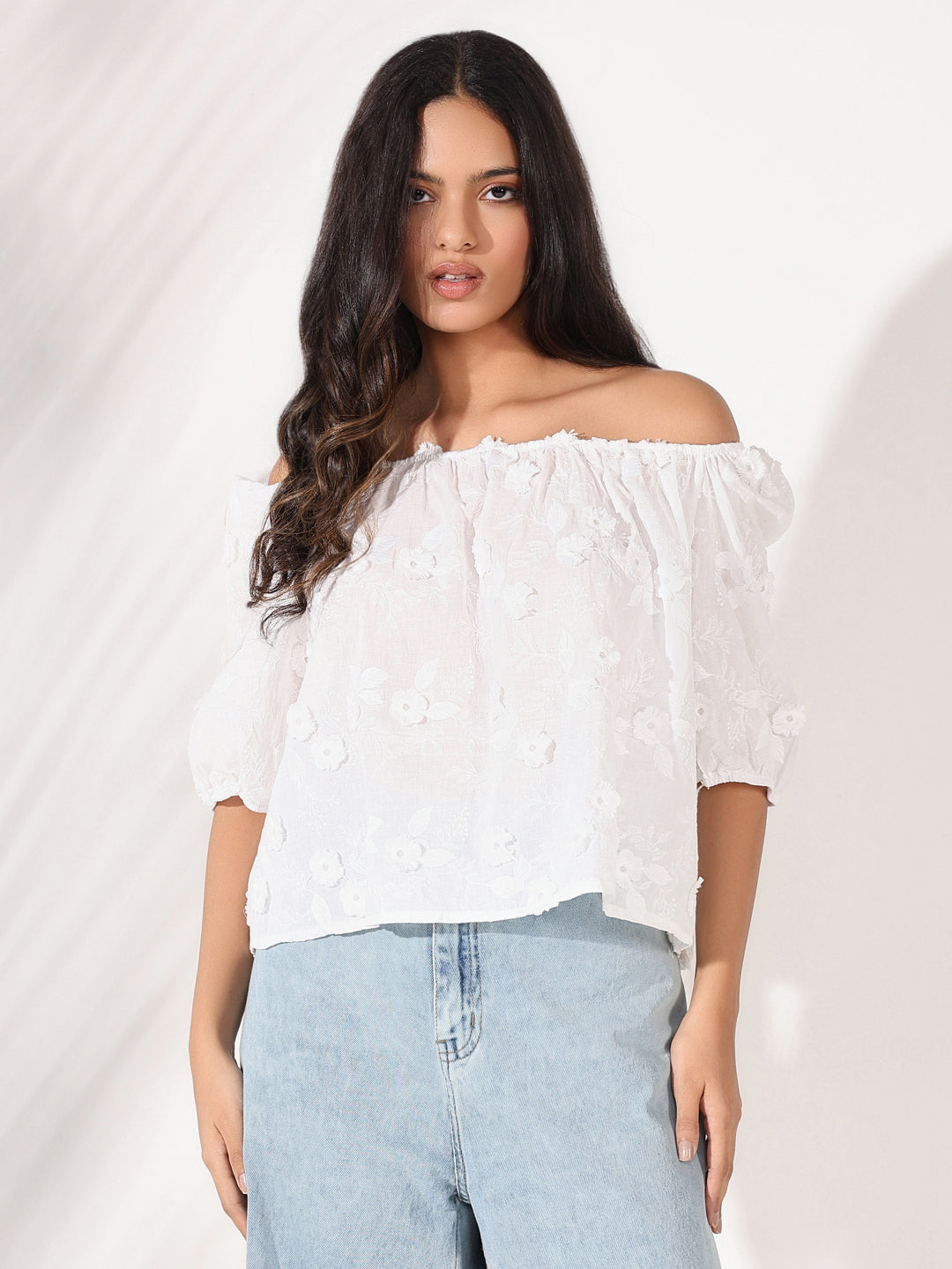 Women's White Floral Embroidered Off-Shoulder Puff Sleeve Top