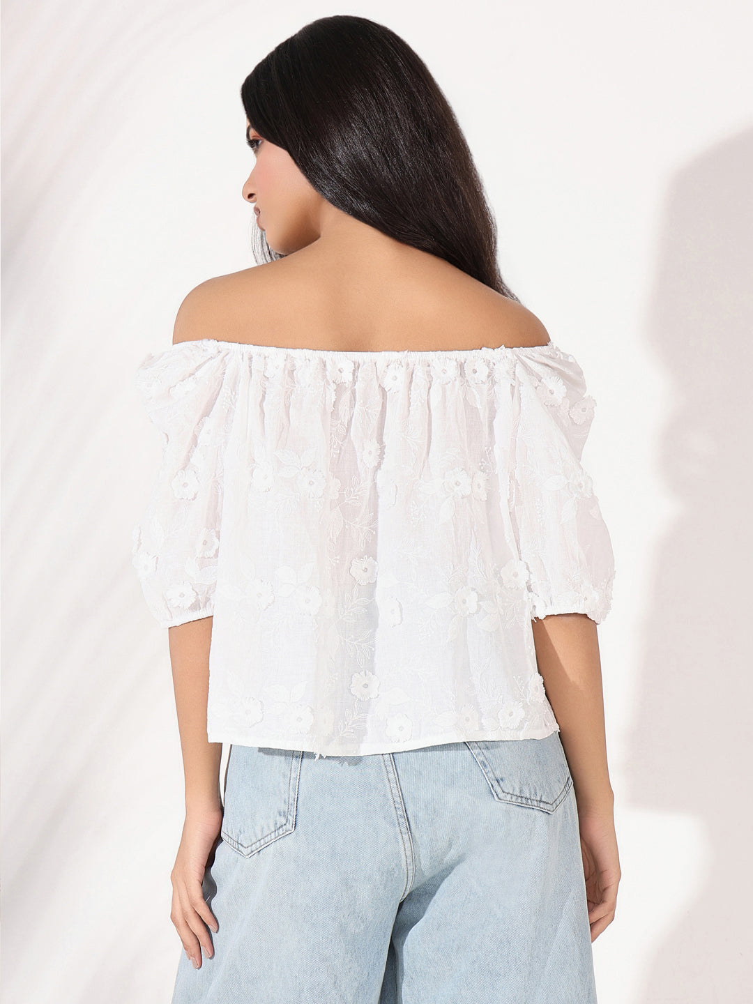 Women's White Floral Embroidered Off-Shoulder Puff Sleeve Top