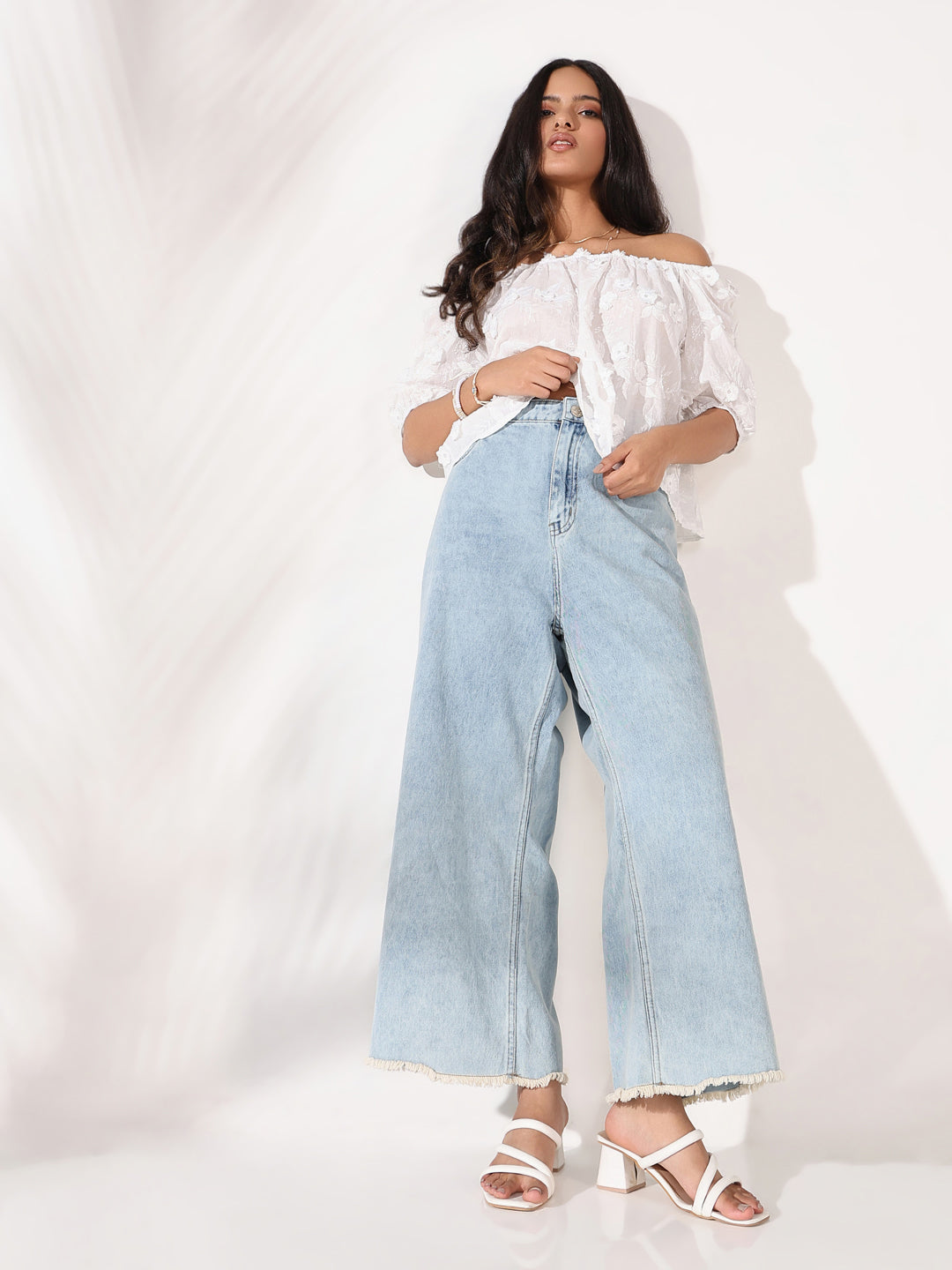 Women's White Floral Embroidered Off-Shoulder Puff Sleeve Top