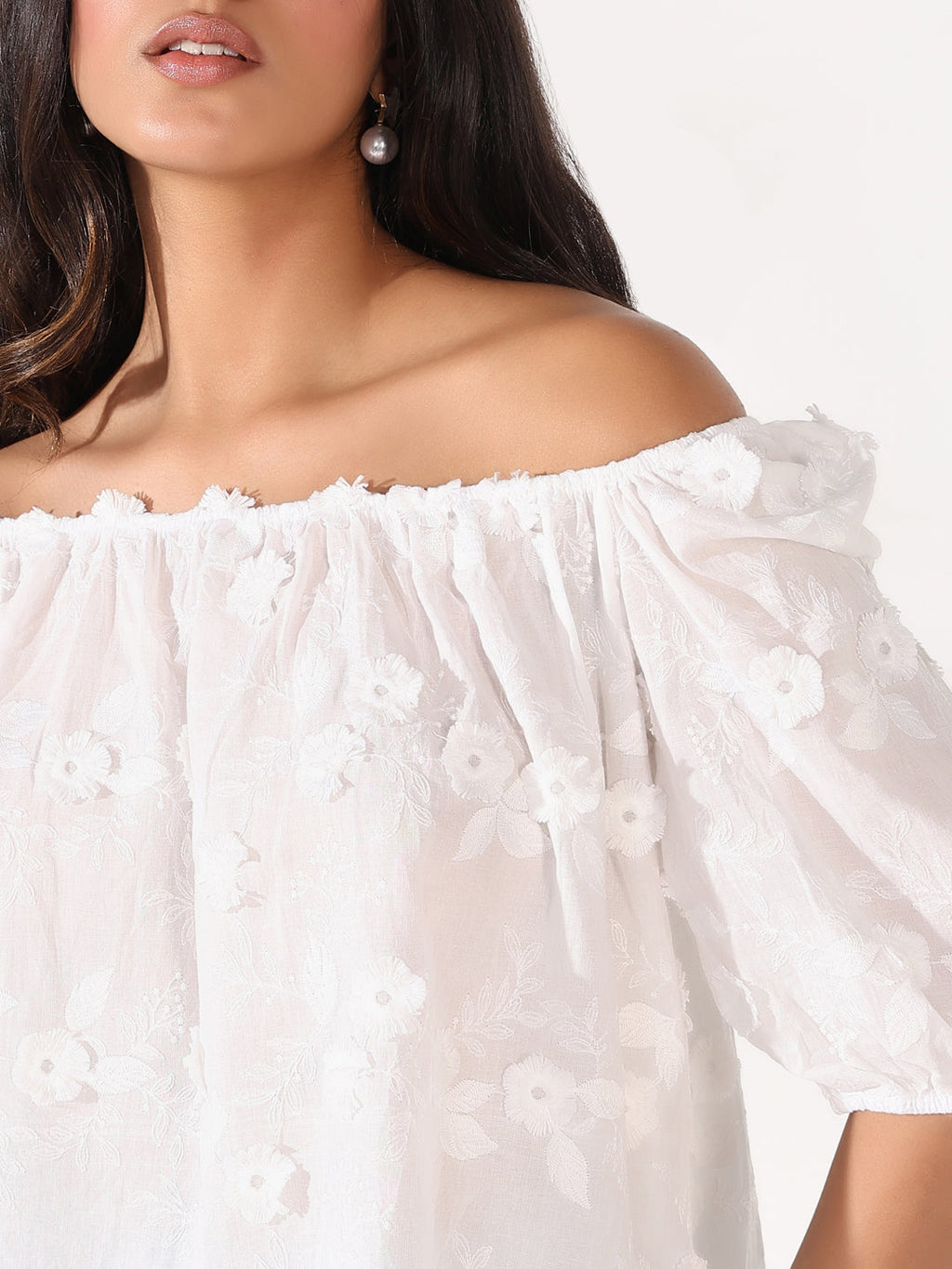 Women's White Floral Embroidered Off-Shoulder Puff Sleeve Top