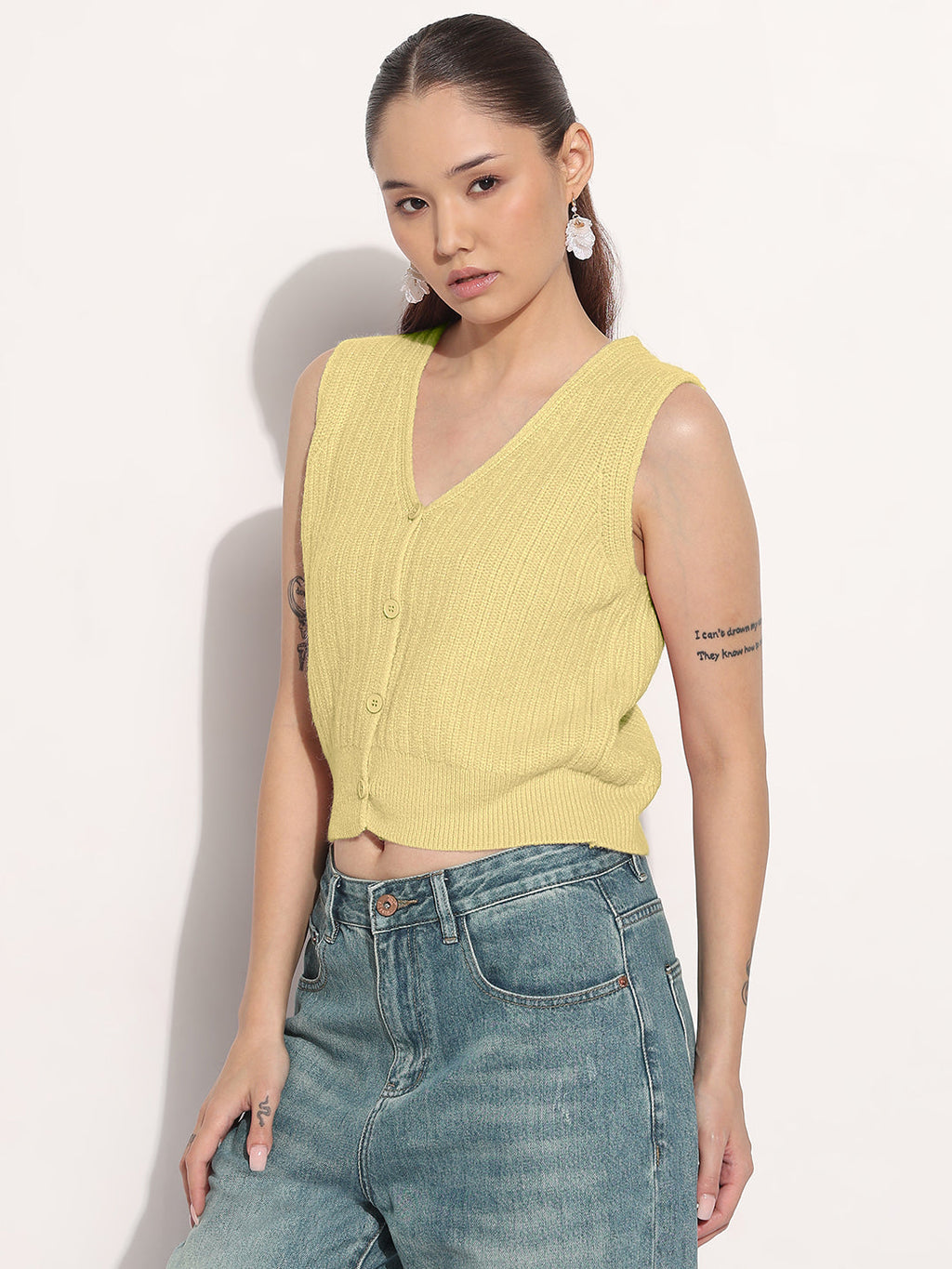 Women's Ribbed Light Green V-Neck Sleeveless Knitted Top