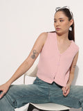 Women's Ribbed Pink V-Neck Sleeveless Knitted Top