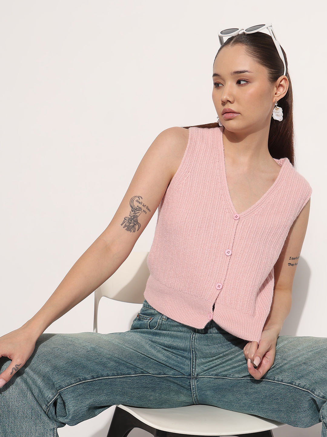 Women's Ribbed Pink V-Neck Sleeveless Knitted Top