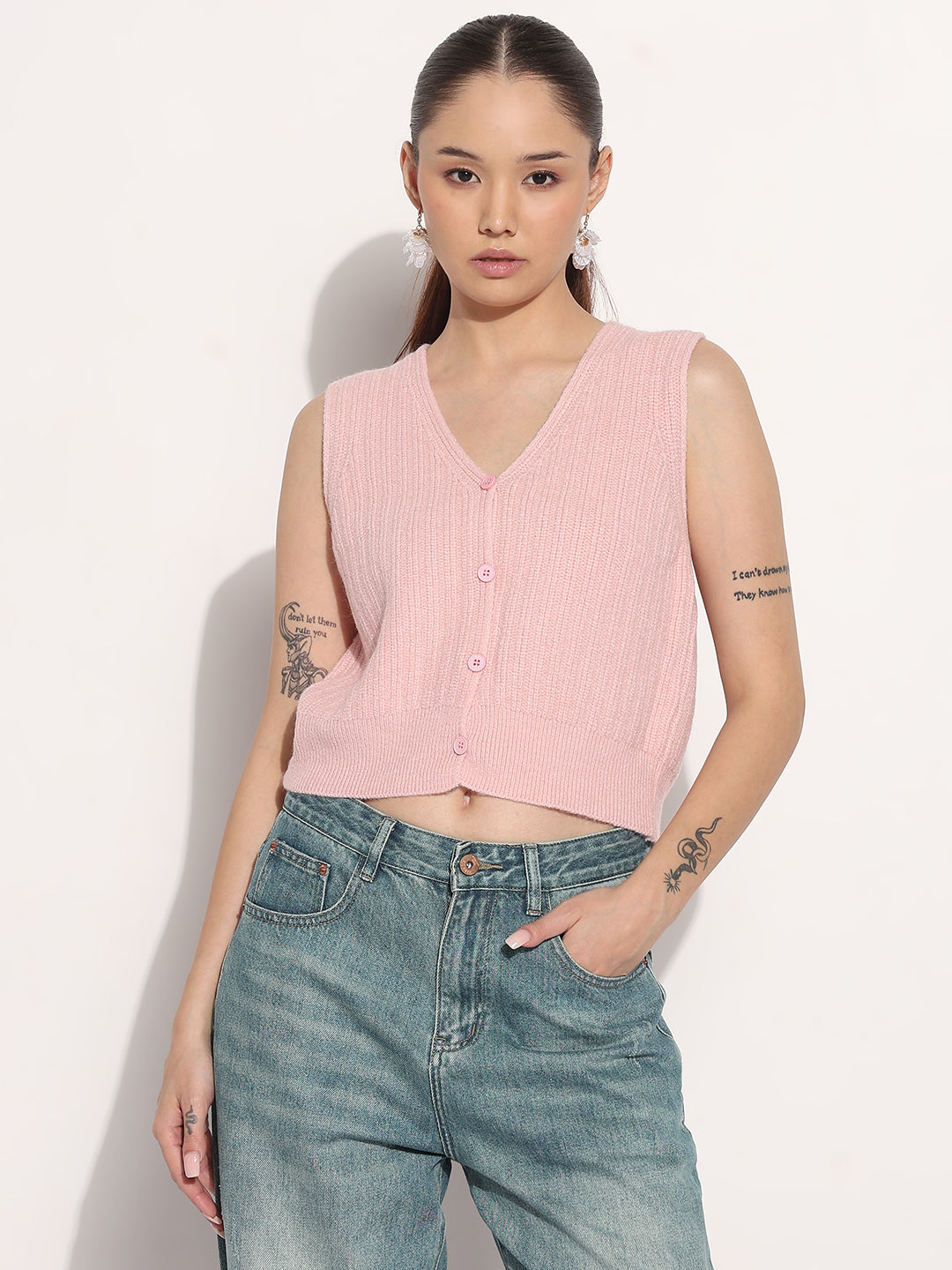 Women's Ribbed Pink V-Neck Sleeveless Knitted Top