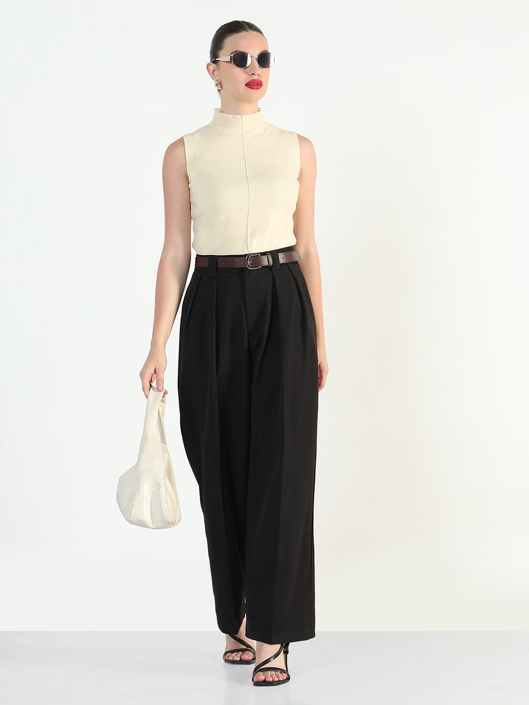 Women's Black Loose Fit Trousers with Belt