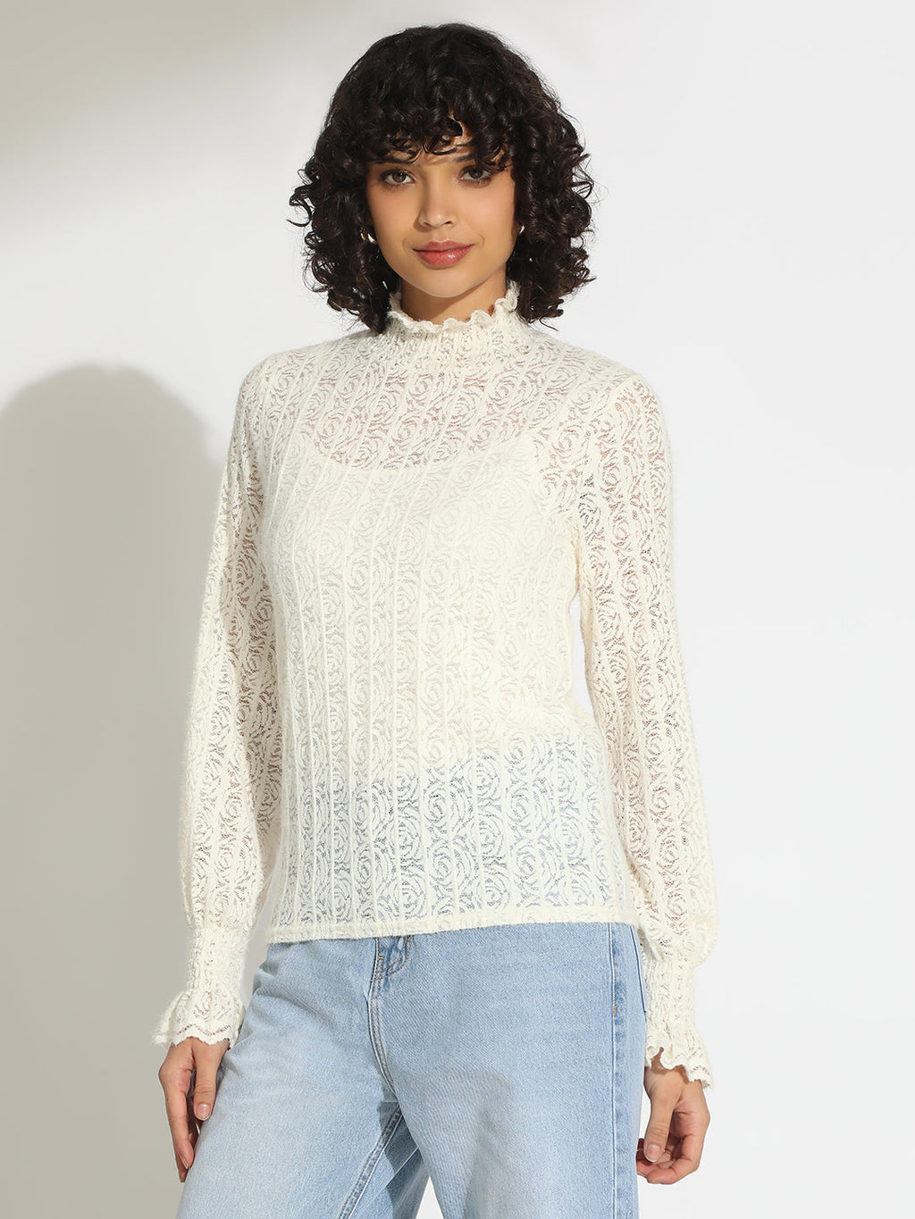 Women's Off White Floral Lace Ruffled High Neck Top