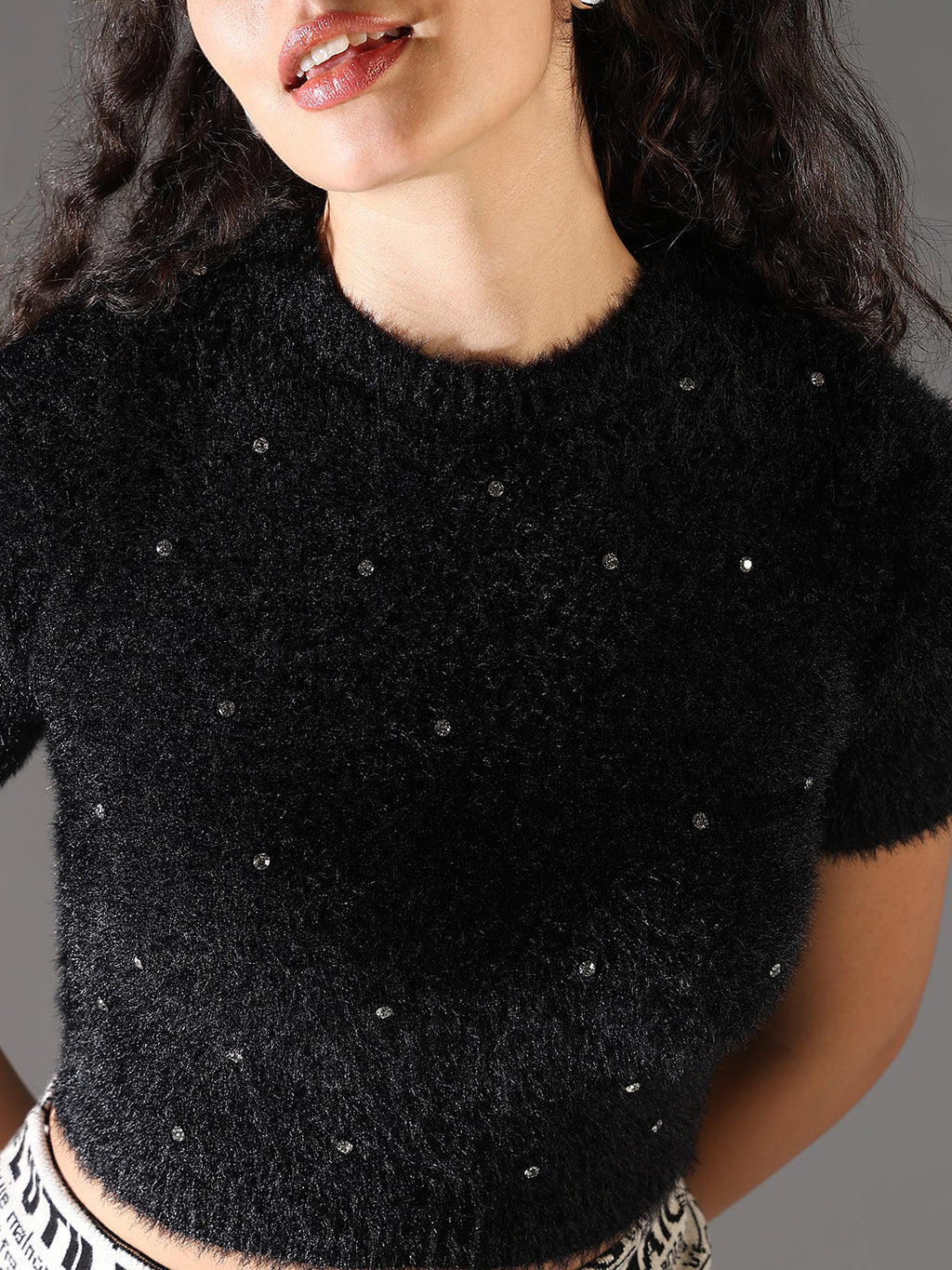 Women's Black Studded Knitted Crop Top