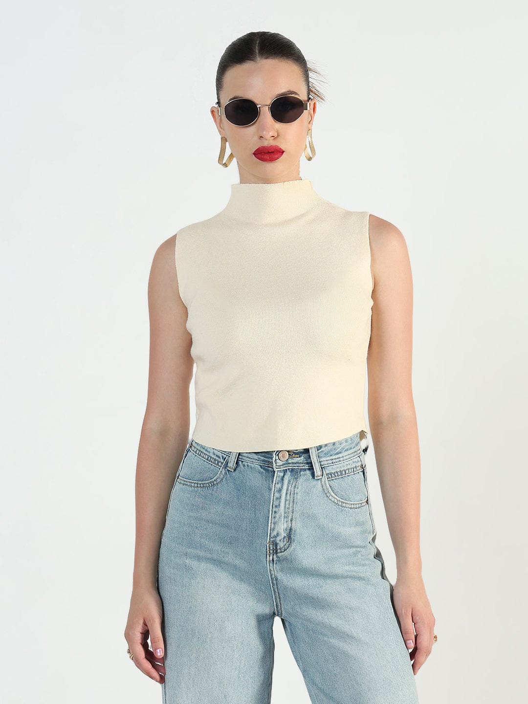 Women's Ribbed Cream High Neck Fitted Top