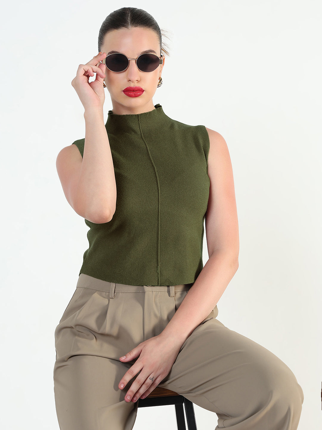 Women's Ribbed Green High Neck Fitted Top