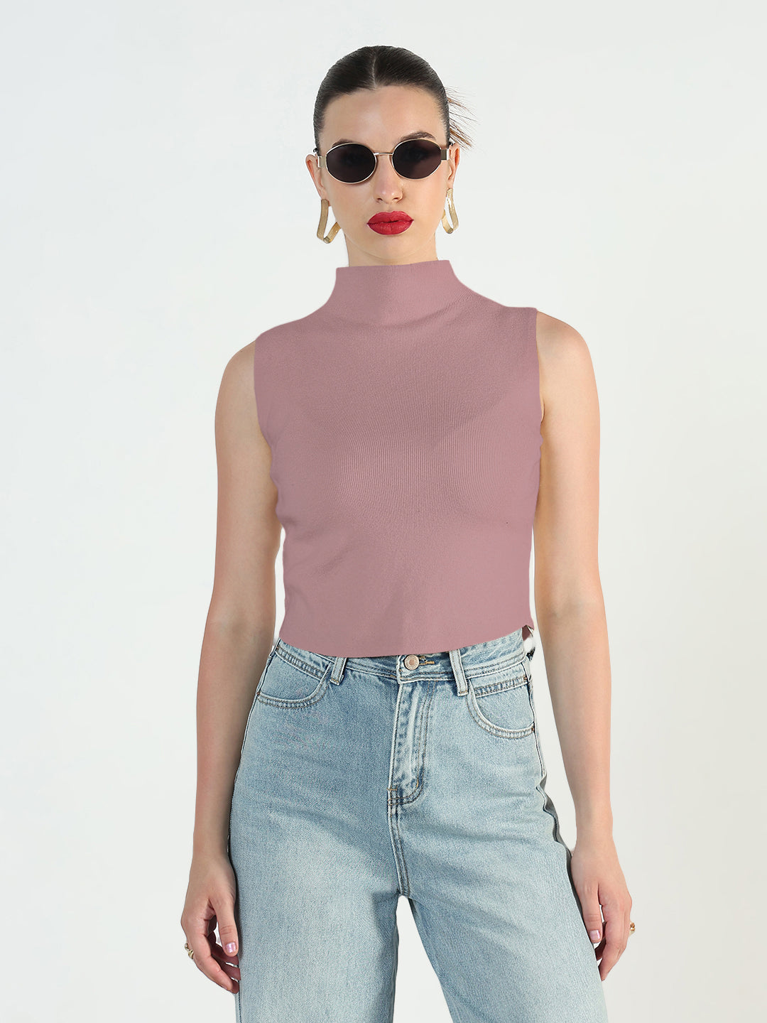 Women's Ribbed Purple High Neck Fitted Top