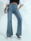 Women's Blue High Rise Flare Jeans with Knee Slit