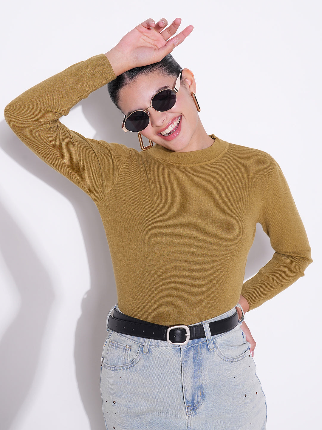 Women's Olive Round Neck Crop Top