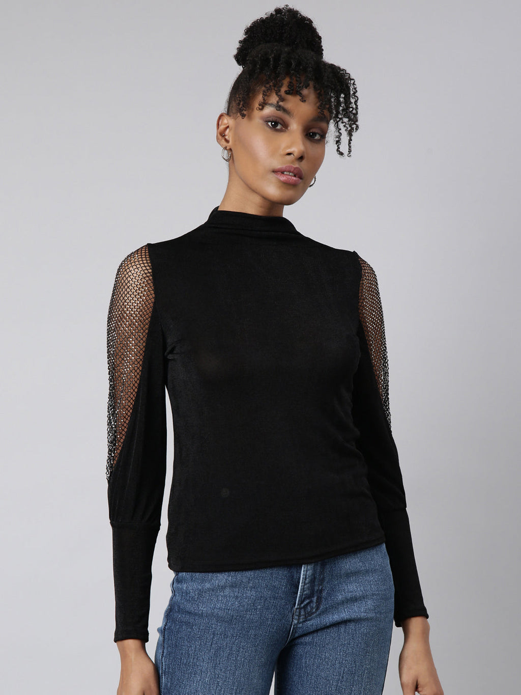 Women's Black High Neck Studded Fitted Top