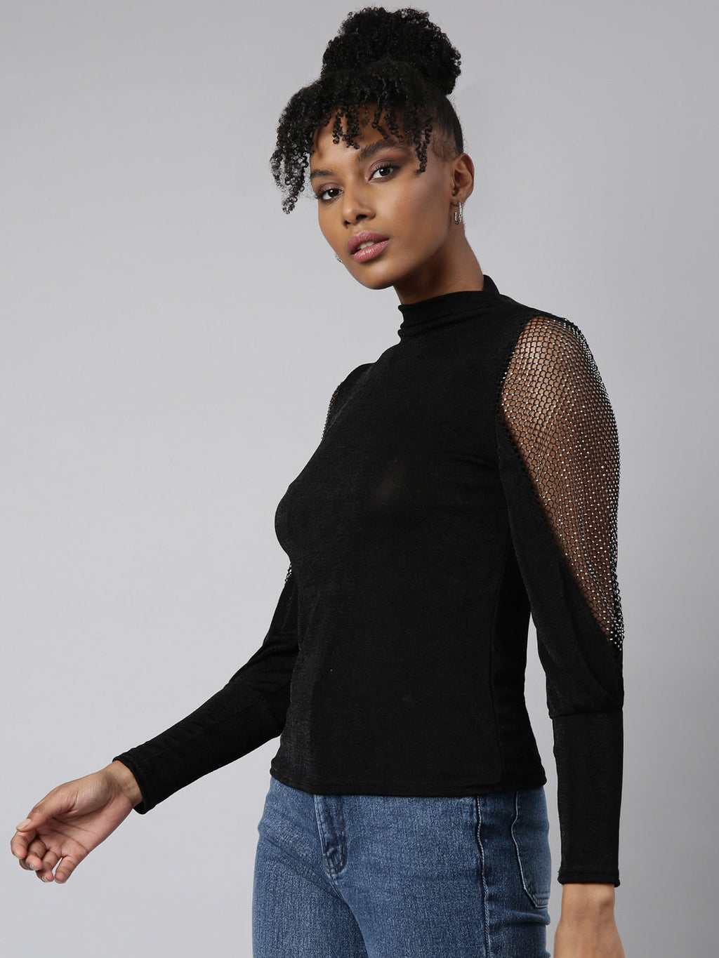 Women's Black High Neck Studded Fitted Top