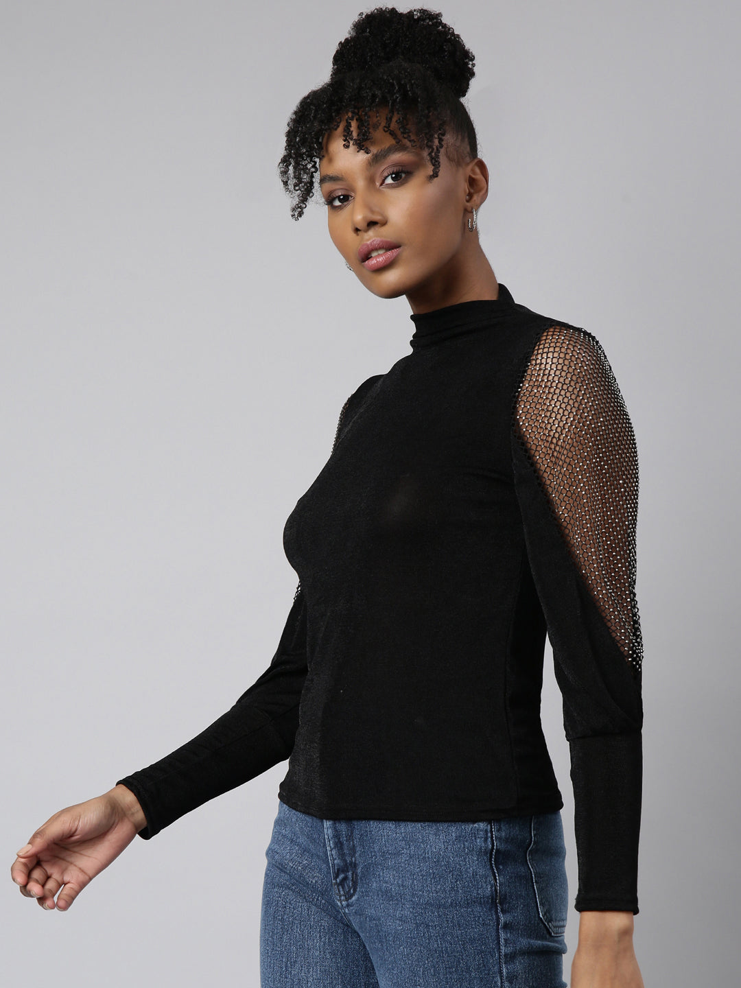 Women's Black High Neck Studded Fitted Top