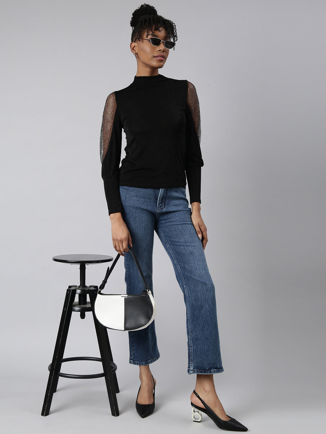 Women's Black High Neck Studded Fitted Top