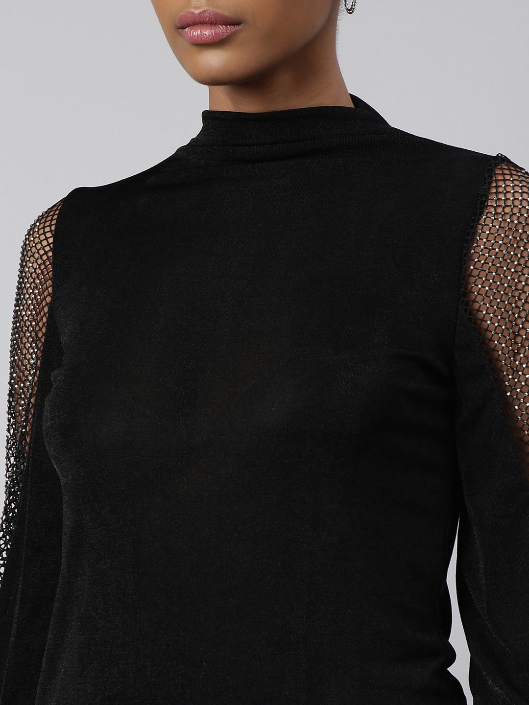 Women's Black High Neck Studded Fitted Top