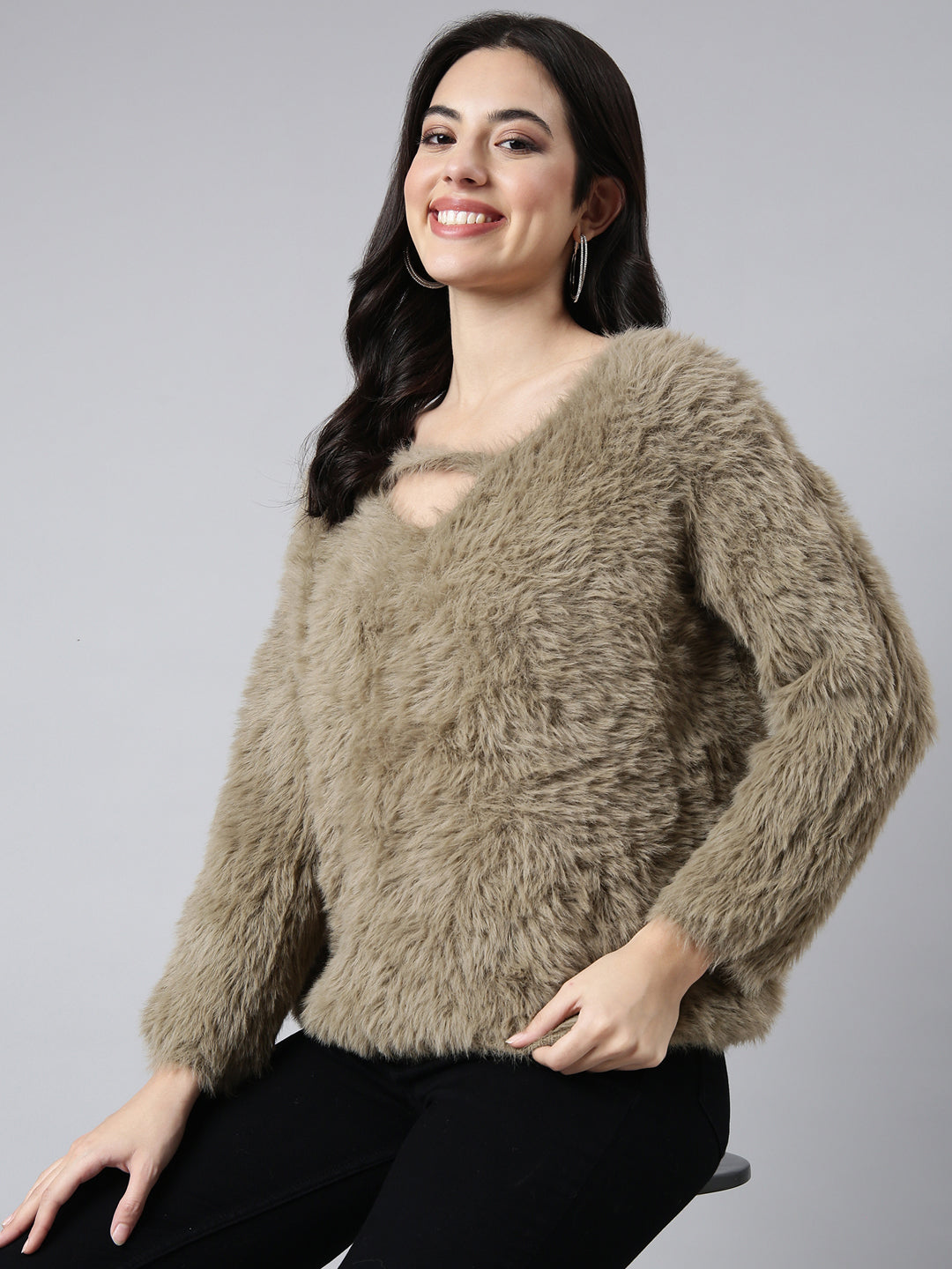 Women's Beige Self Design V-Neck Top
