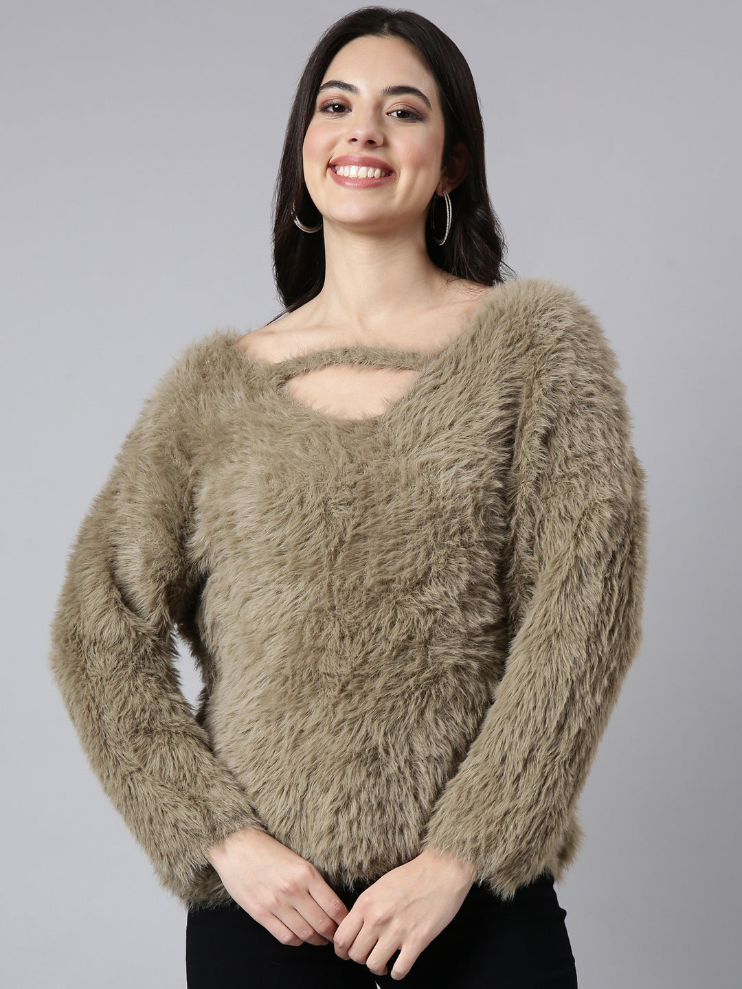 Women's Beige Self Design V-Neck Top