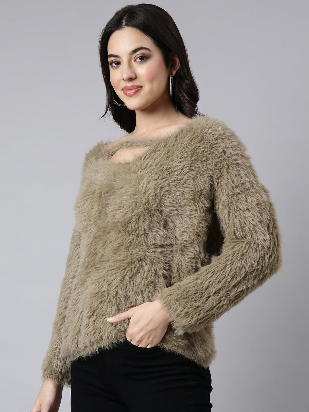 Women's Beige Self Design V-Neck Top