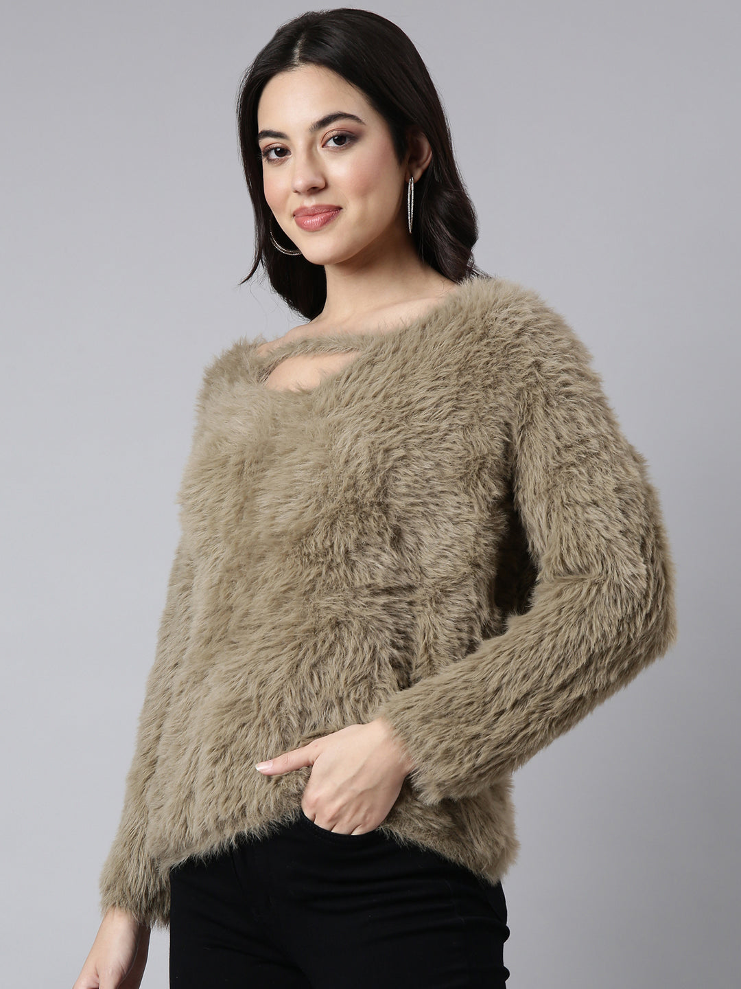 Women's Beige Self Design V-Neck Top