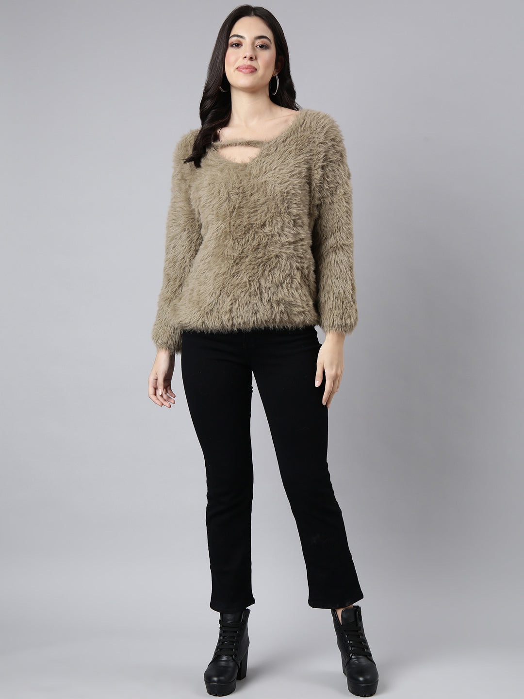 Women's Beige Self Design V-Neck Top