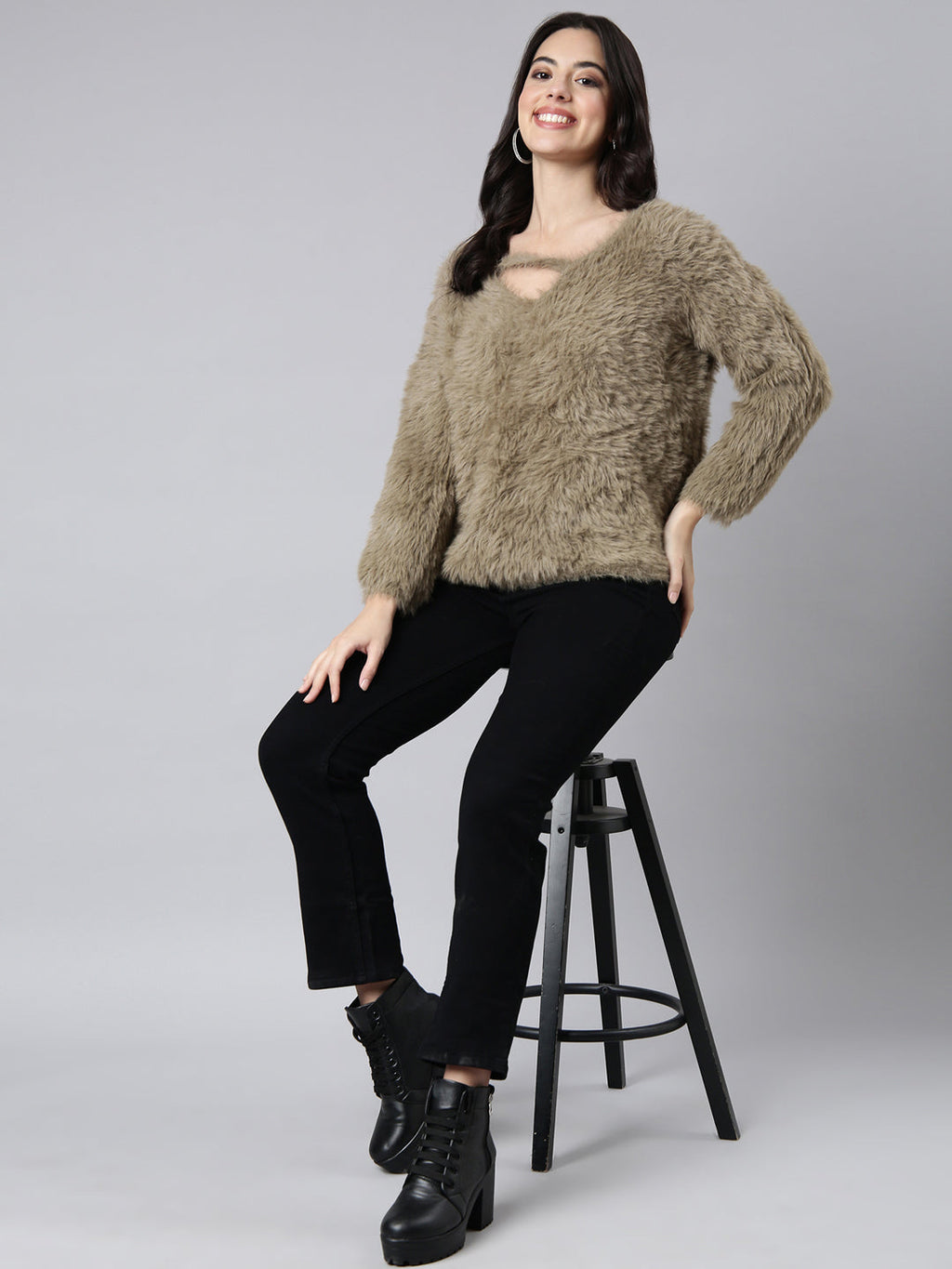 Women's Beige Self Design V-Neck Top
