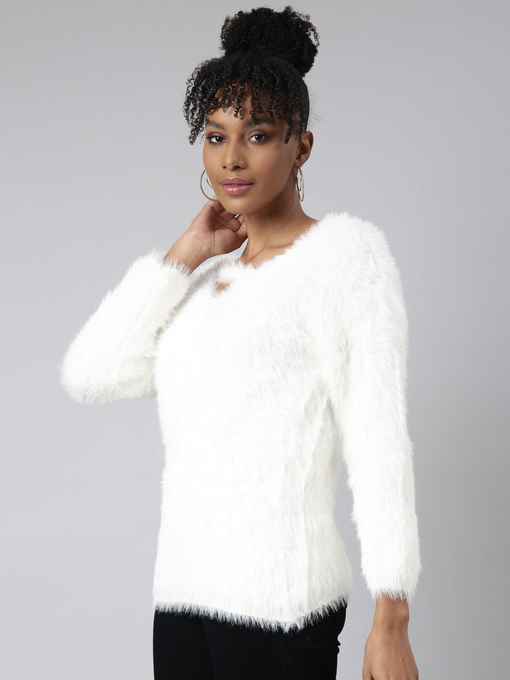 Women's White V-Neck Long Sleeves Blouson Regular Top